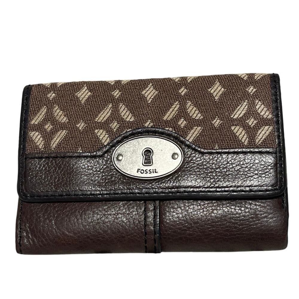VINTAGE Fossil Maddox Brown Leather Jacquard Canvas Trifold Wallet